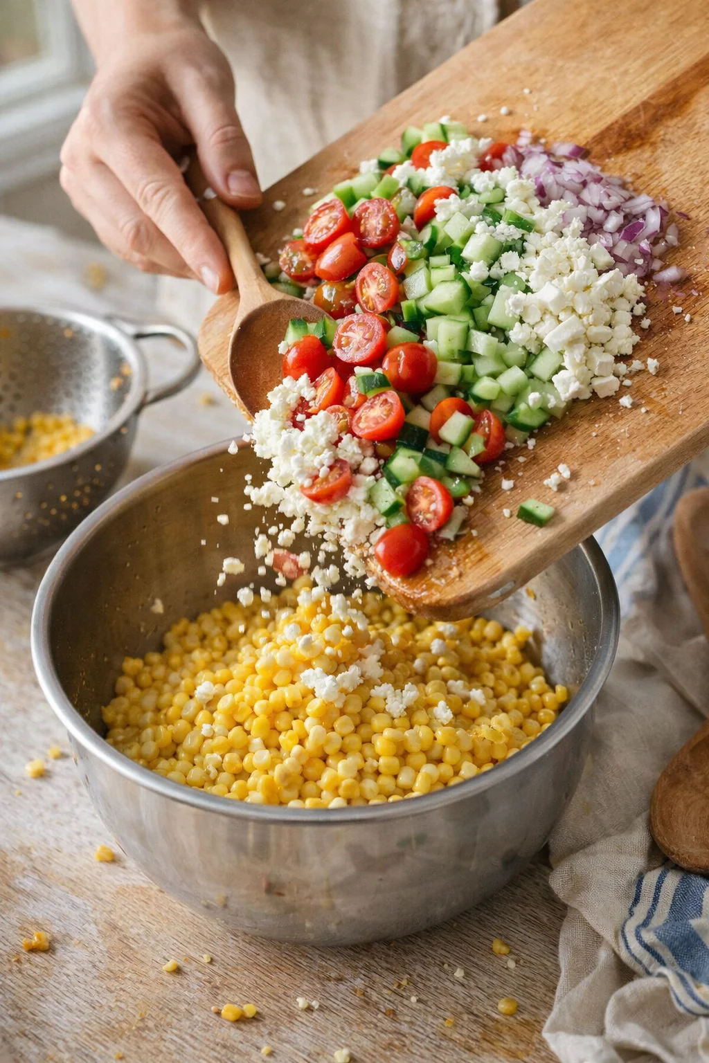 hand scoops chopped cucumber, cherry tomatoes, red onion, and feta over corn in a metal bowl.