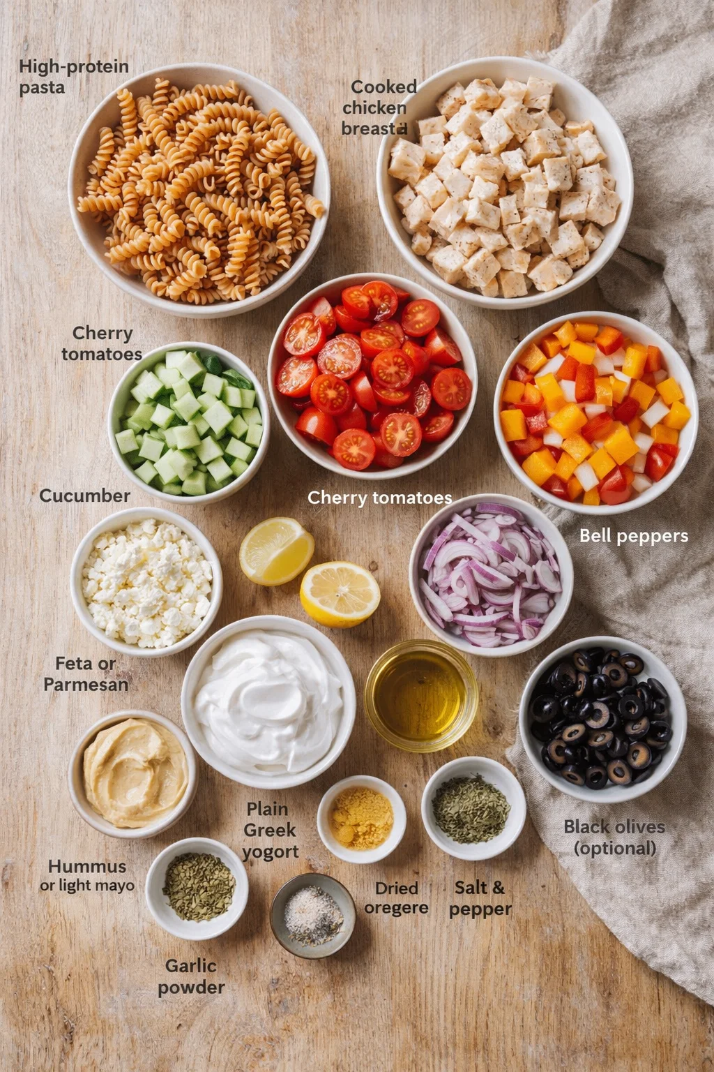 Overhead view of labeled bowls with pasta, vegetables, and toppings.