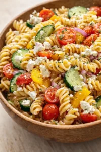 wooden bowl filled with fusilli pasta, cherry tomatoes, cucumber, feta crumbles, red onion, and yellow peppers.