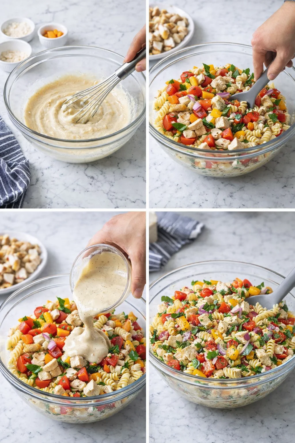 Collage of a whisked batter, chopped veggies and chicken in a glass bowl, dressing being poured, and finished pasta salad.