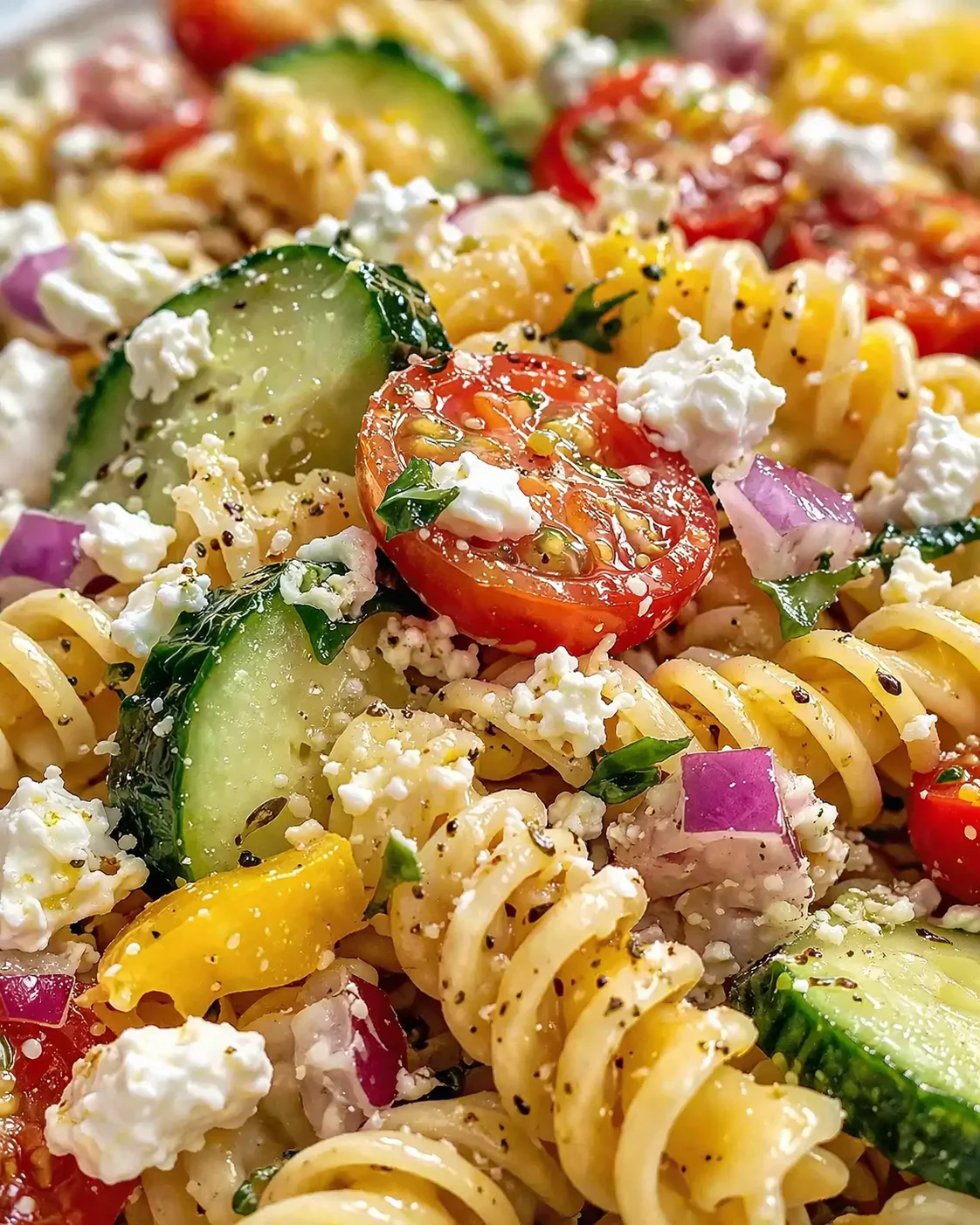 Close-up of a vibrant pasta salad with fusilli, cherry tomatoes, cucumber, red onion, and feta.