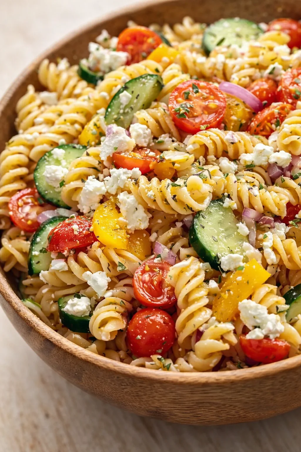 wooden bowl filled with fusilli pasta, cherry tomatoes, cucumber, feta crumbles, red onion, and yellow peppers.