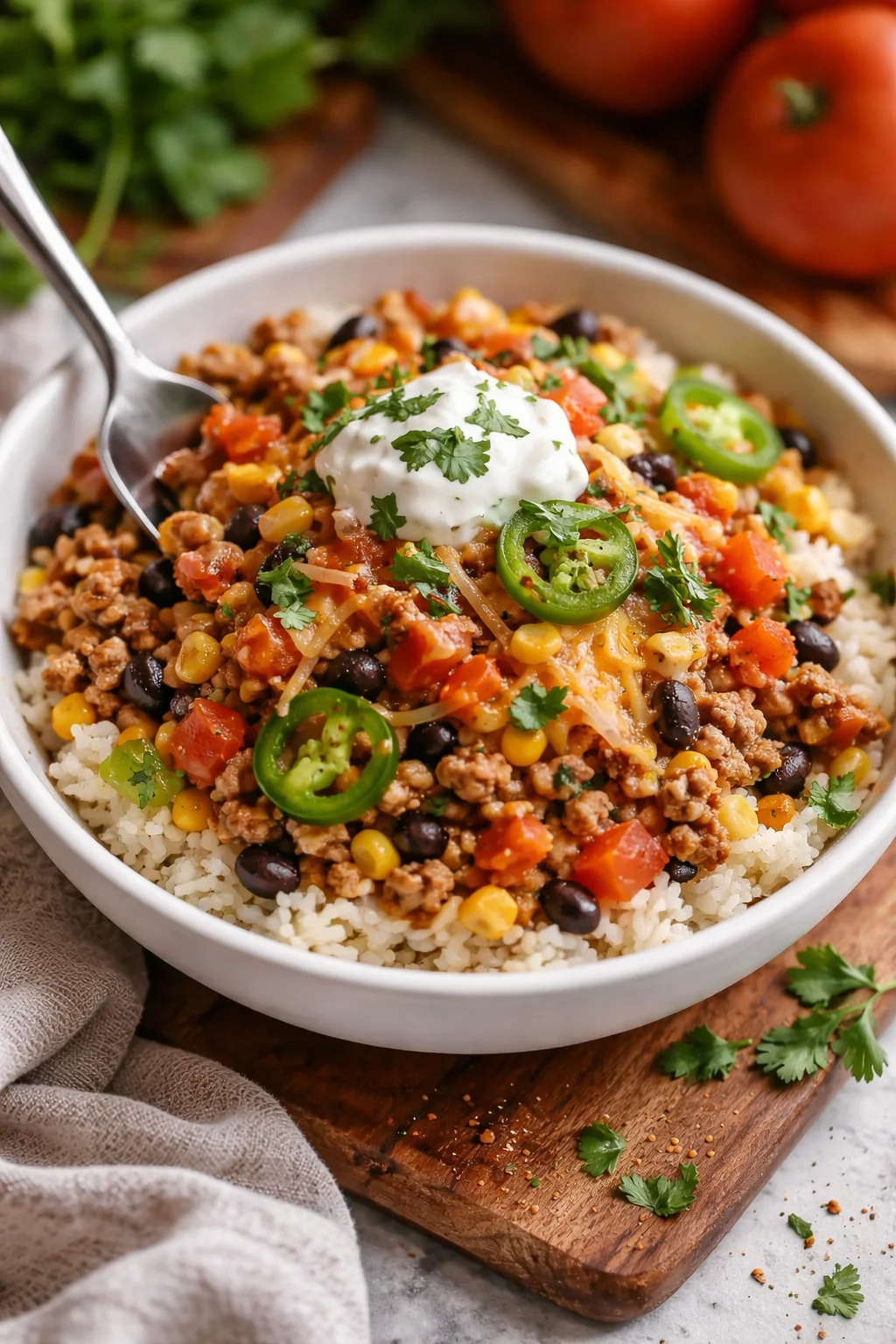 bowl of ground meat with beans, corn, tomatoes, and jalapeño slices over white rice, topped with sour cream and cilantro