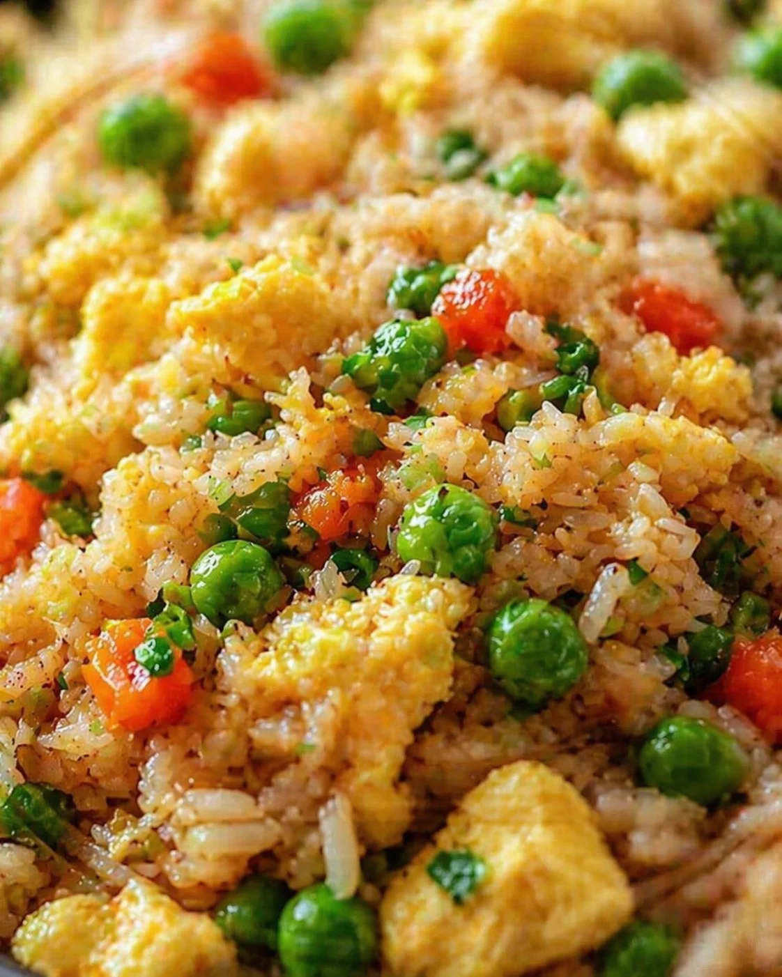close-up image of colorful fried rice with peas, carrots, and scrambled eggs