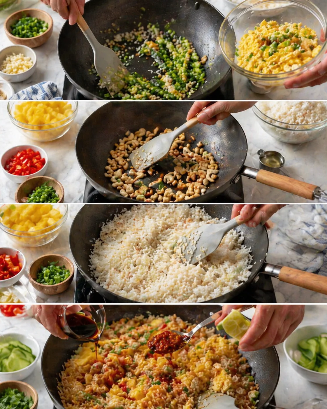 step-by-step collage of vegetable fried rice being prepared in a wok with peppers, corn, peas, and eggs.