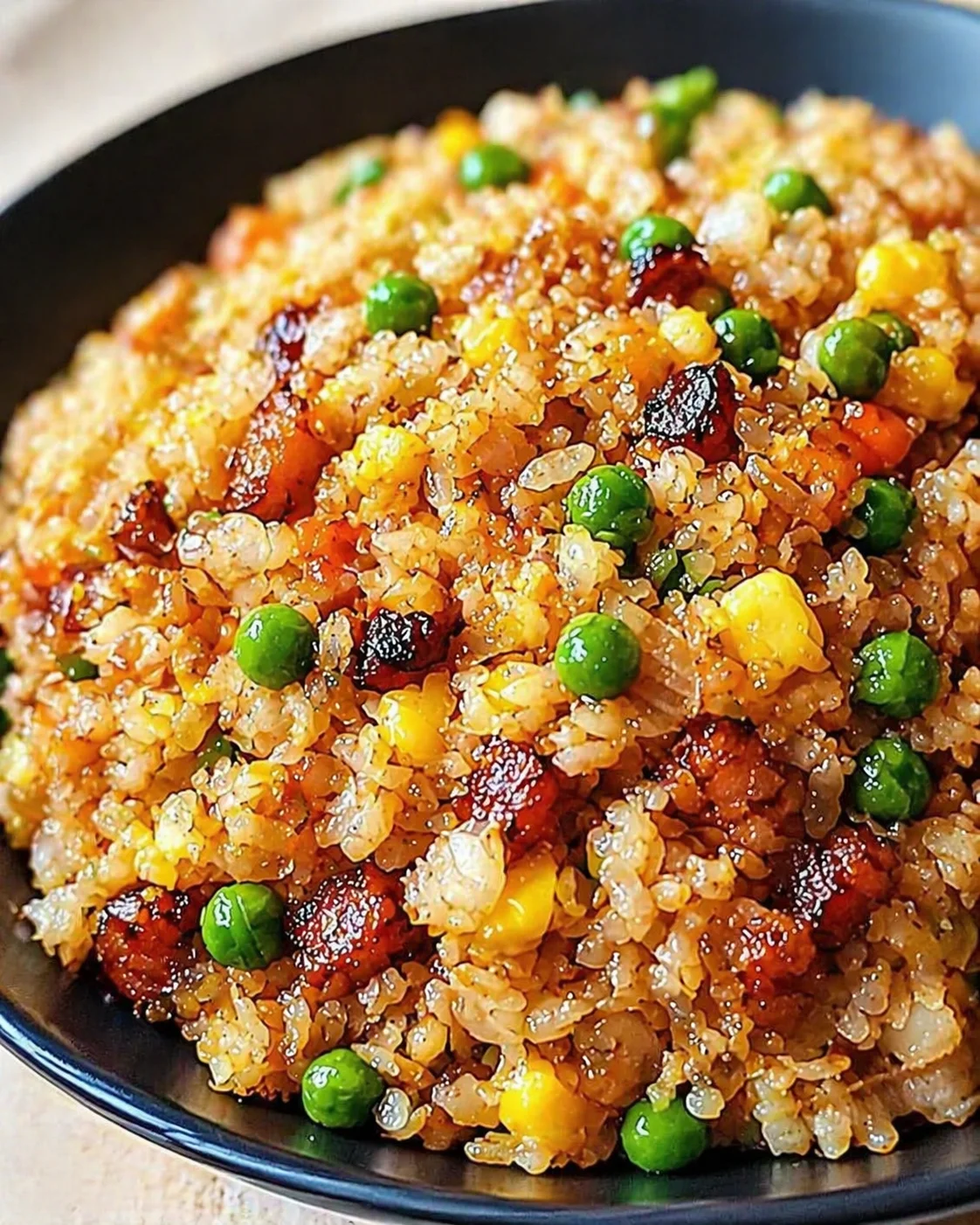 Close-up of colorful vegetable fried rice with peas, corn, and carrots in a dark bowl.