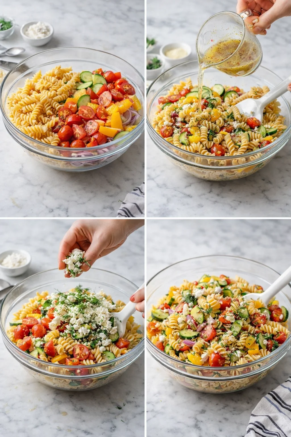 glassy bowl of colorful pasta salad with tomatoes, cucumbers, peppers and feta on a marble countertop
