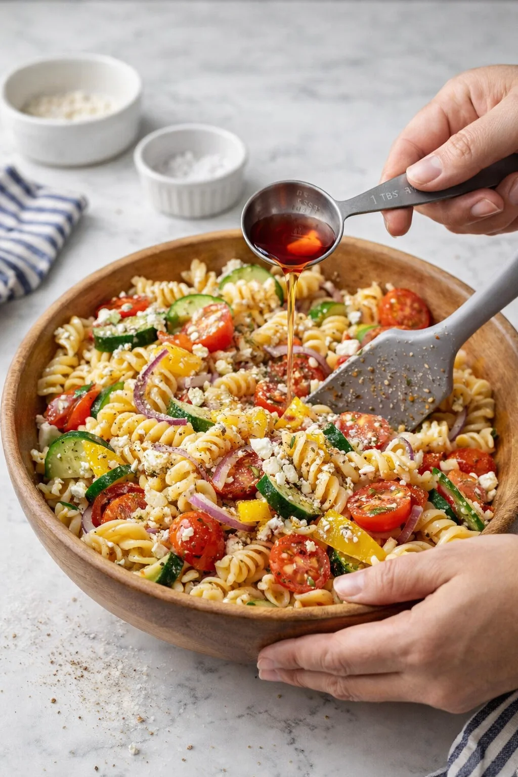 hands drizzle glaze over colorful vegetable pasta salad in a wooden bowl