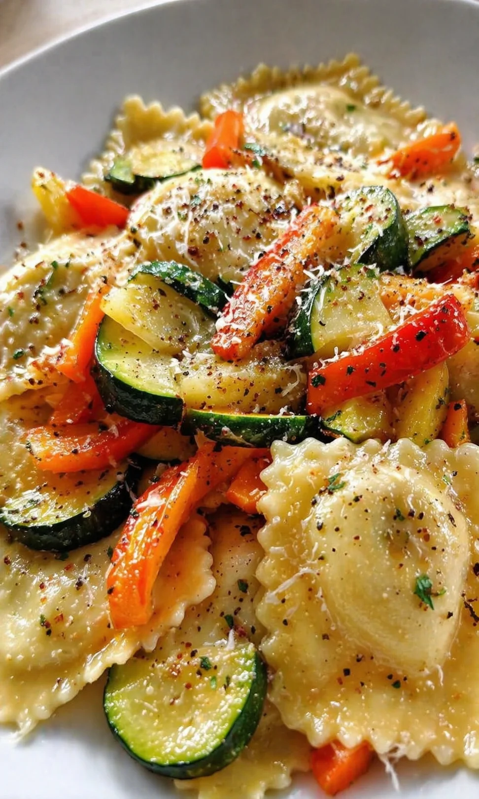 plated ravioli with zucchini, carrot, and red pepper, sprinkled with parmesan and herbs