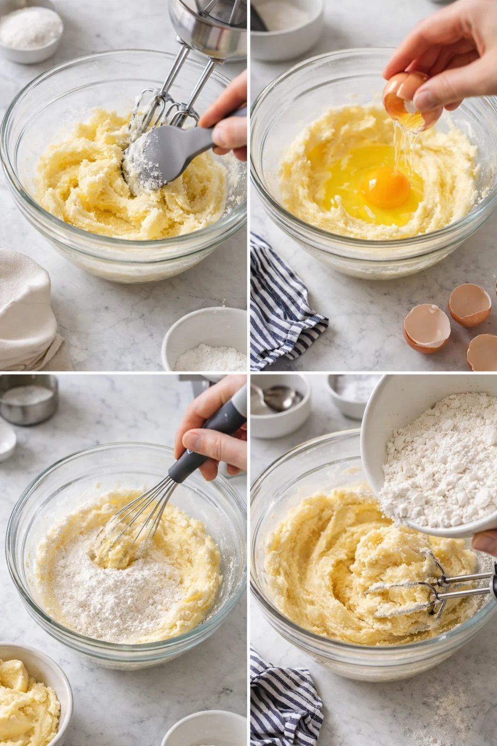 Collage of cookie dough steps: creaming butter, adding eggs, and folding in flour.