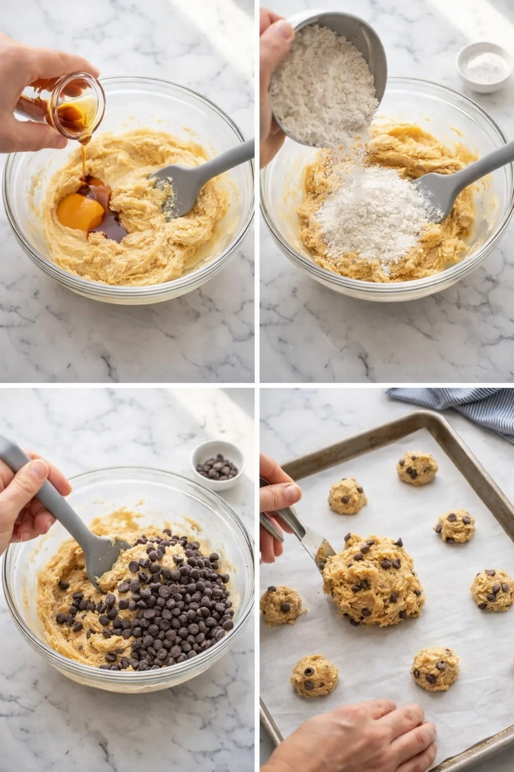 Collage showing cookie dough being mixed, flour added, chocolate chips folded, and dough scooped on parchment.