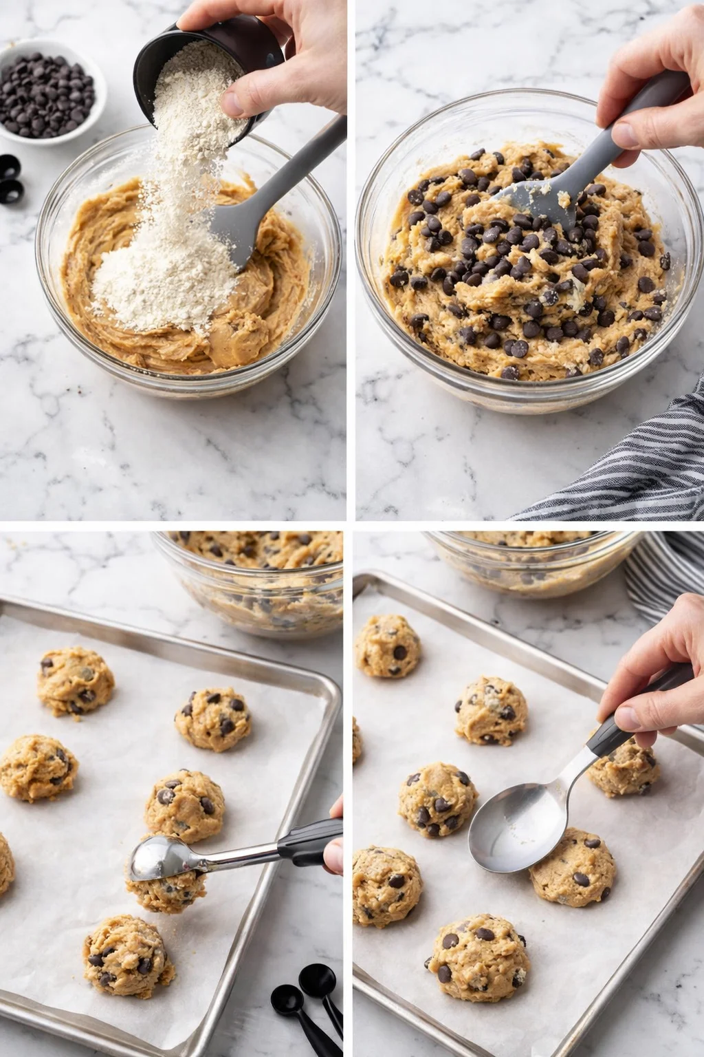four-panel collage showing cookie dough with chocolate chips being prepared on a marble countertop.