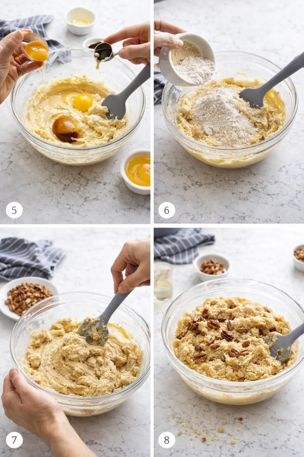 Collage showing hands cracking eggs, adding flour, and mixing dough with chopped nuts.