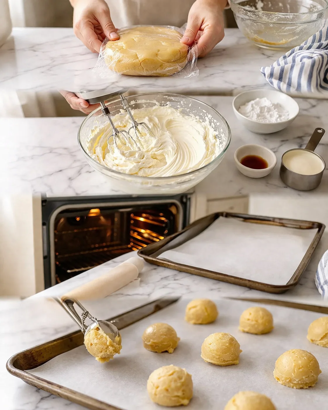 Hands wrap a dough disk in plastic, whisk cream in a bowl, and round dough balls on parchment.