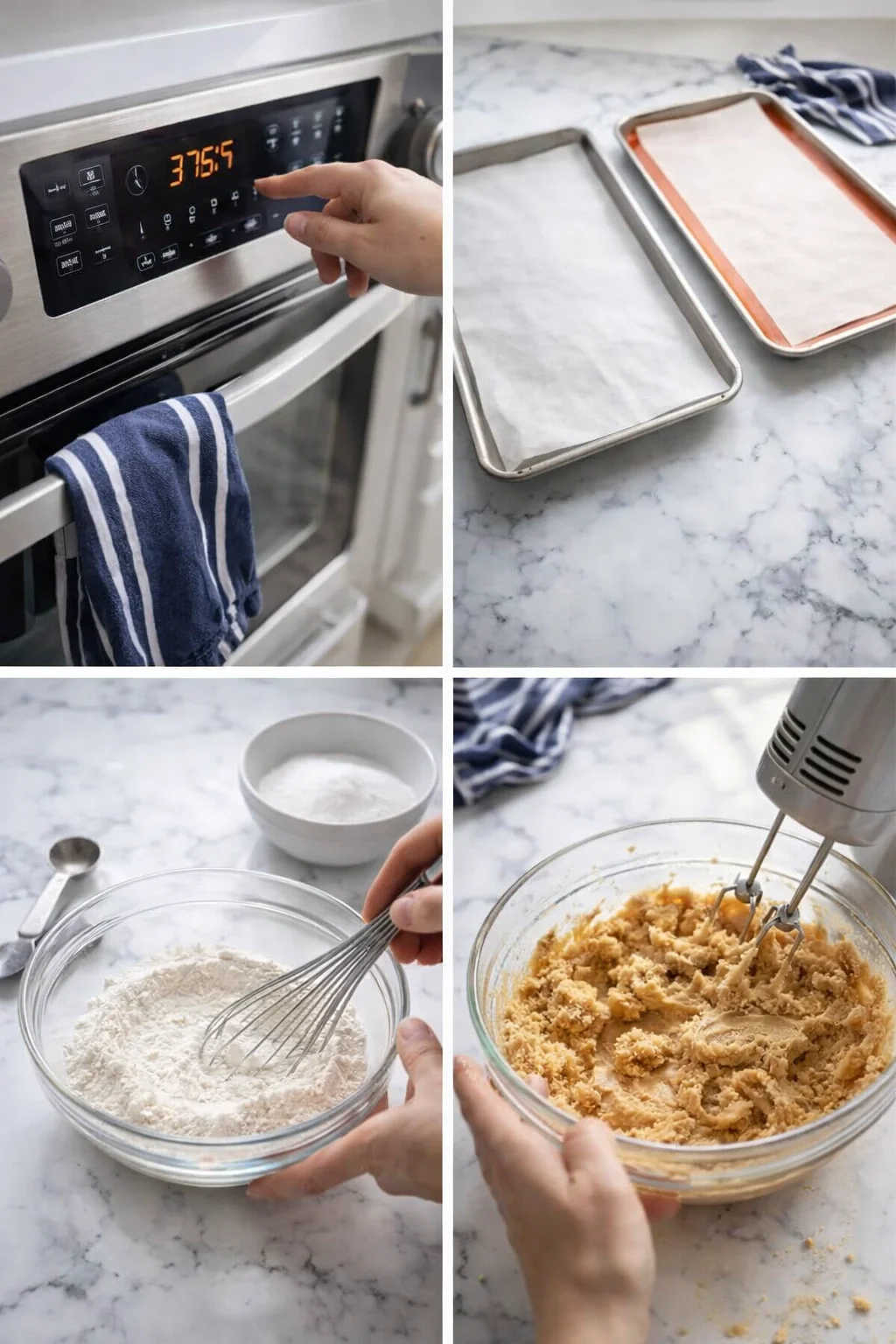 collage showing oven control, parchment pans, bowl of flour with whisk, and mixer-blended dough