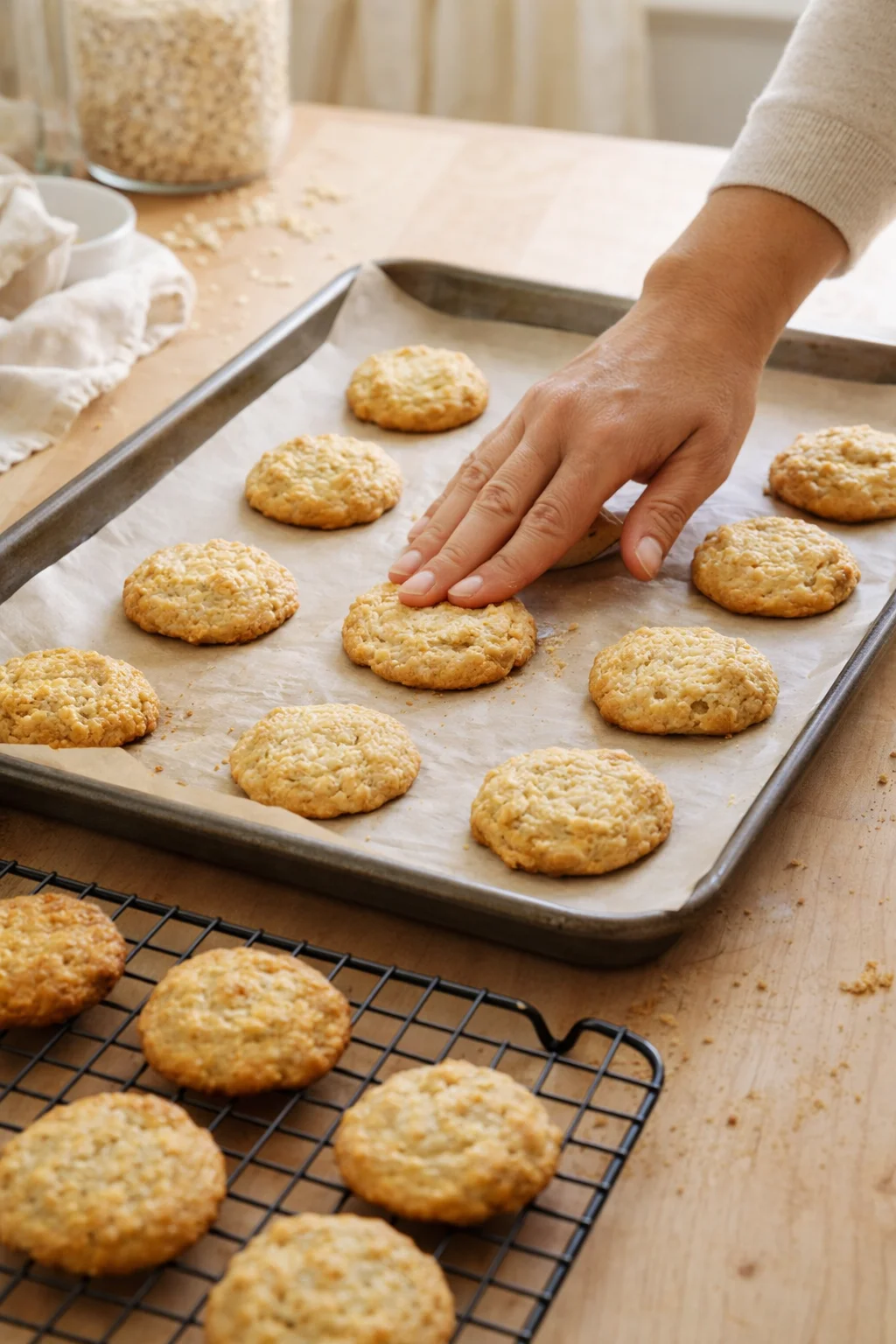 hand pressing round cookie dough on parchment-lined baking sheet with a cooling rack and oats jar in a warm kitchen
