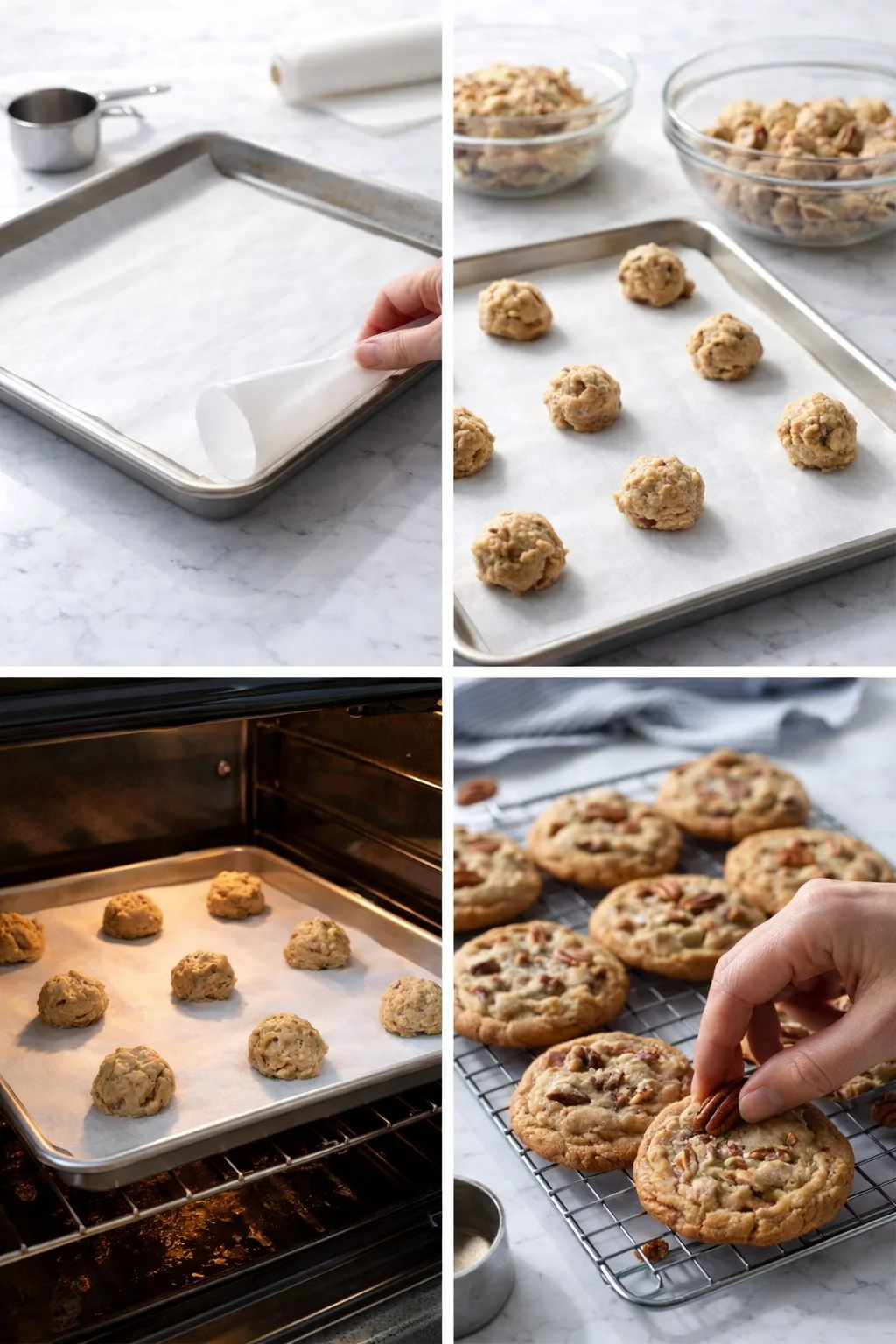 Collage of cookie-making: scooping dough on parchment, dough balls on sheet, cookies baking in oven, and cooling on rack.