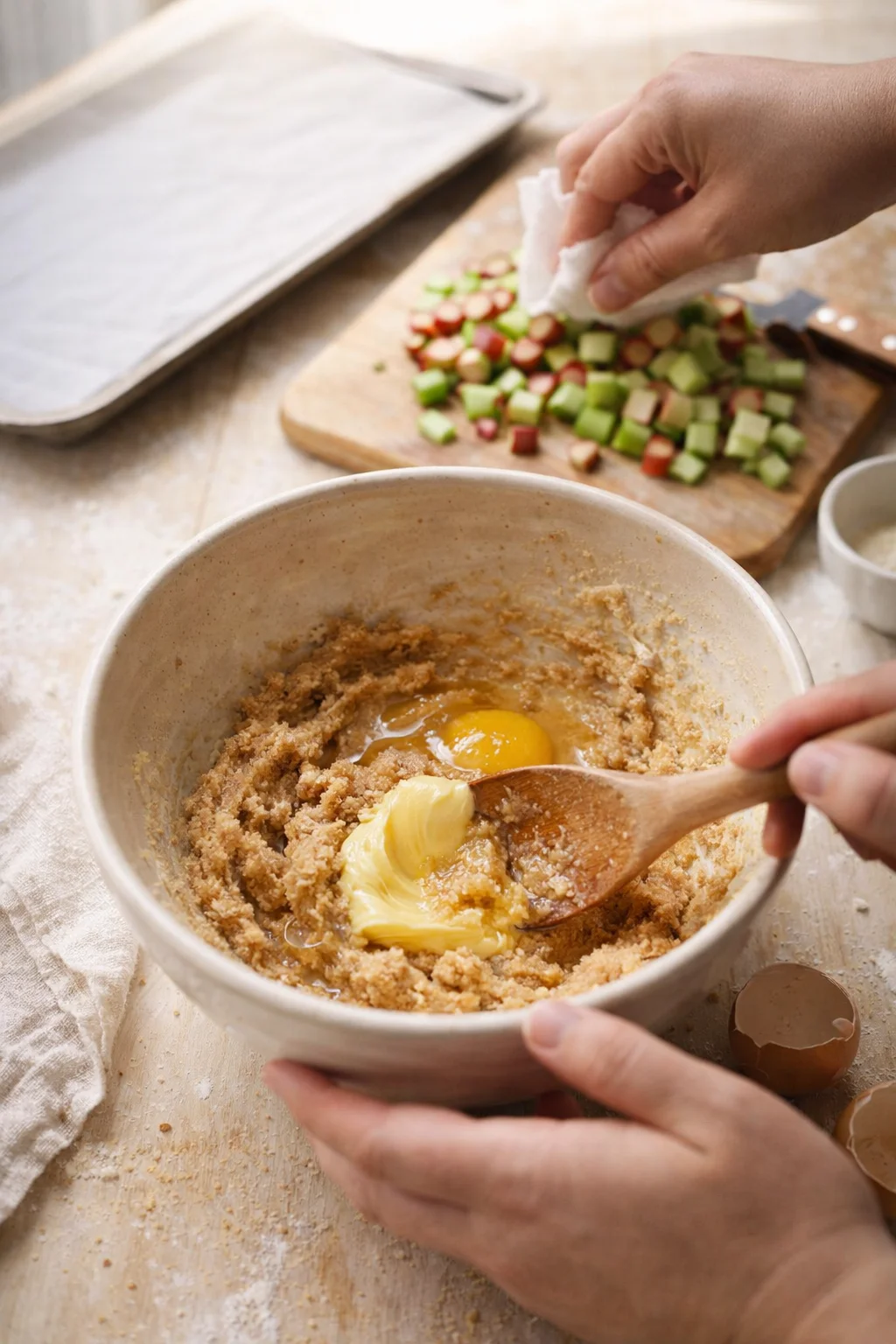 Hands mix crumbly cookie dough with a raw egg in a white bowl on a rustic kitchen counter.
