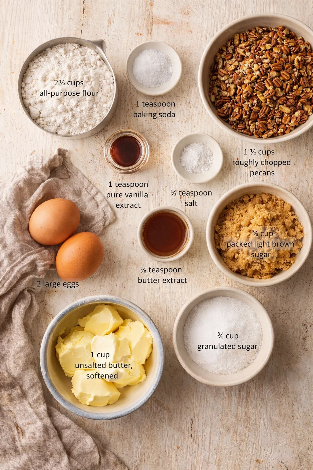 Overhead shot of labeled baking ingredients arranged on a wooden surface.
