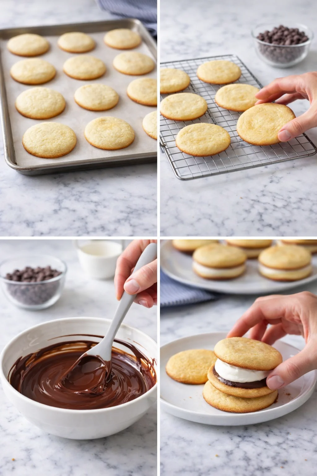 Collage of cookies baking, cooling, dipping in chocolate, and assembling sandwich cookies on marble countertop