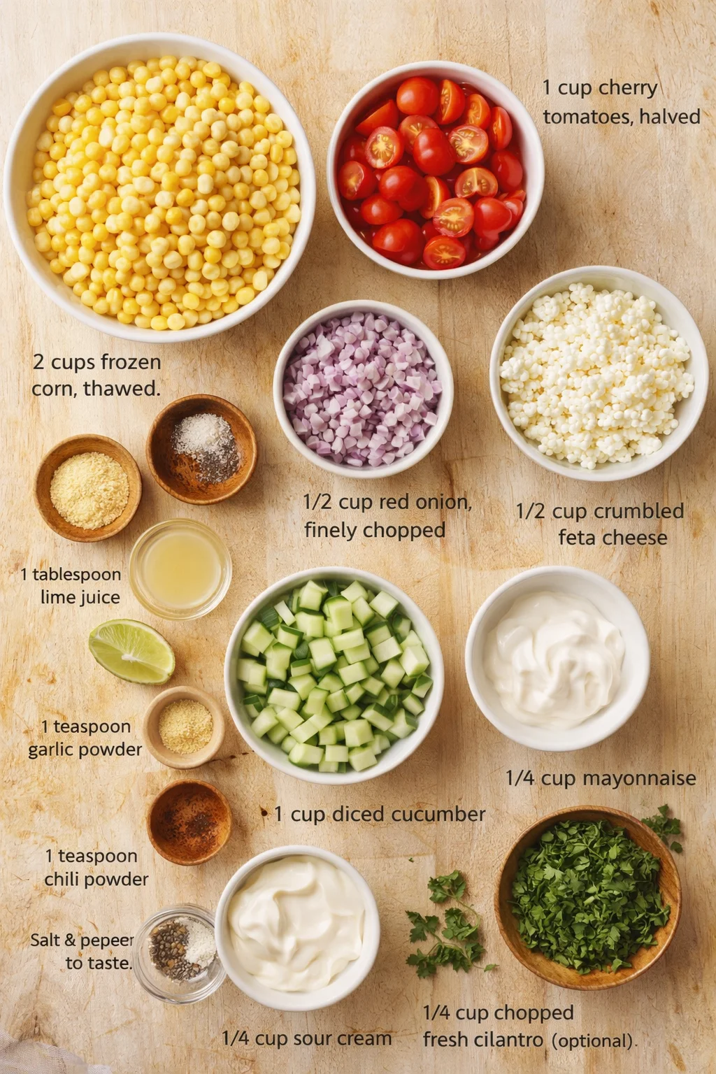Top-down view of bowls with corn, cherry tomatoes, feta, red onion, cucumber, and condiments on a wooden board.