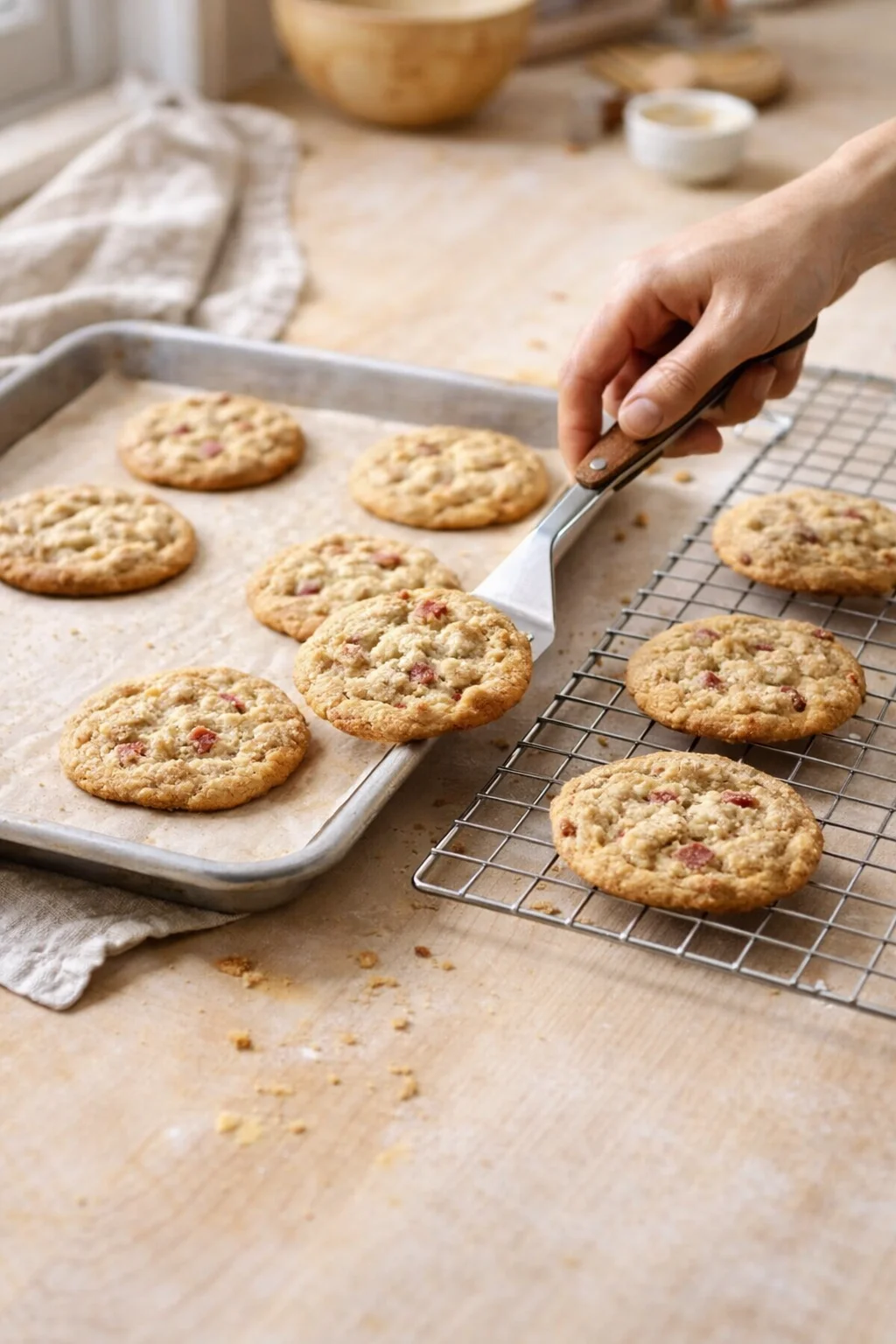 Golden cranberry cookies on parchment-lined sheet with a hand lifting one with a spatula