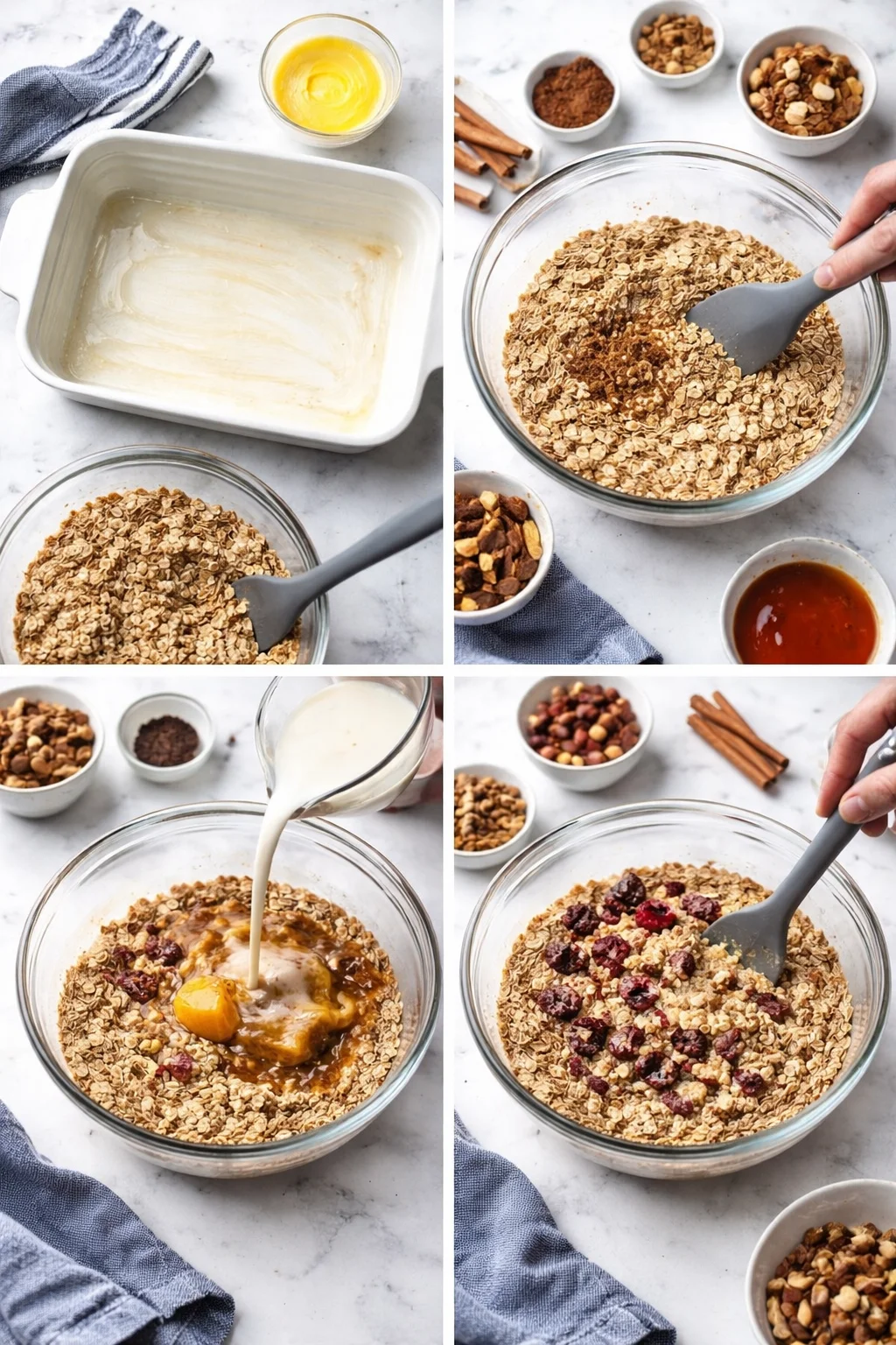 four-panel collage showing step-by-step cranberry oat granola-bar preparation