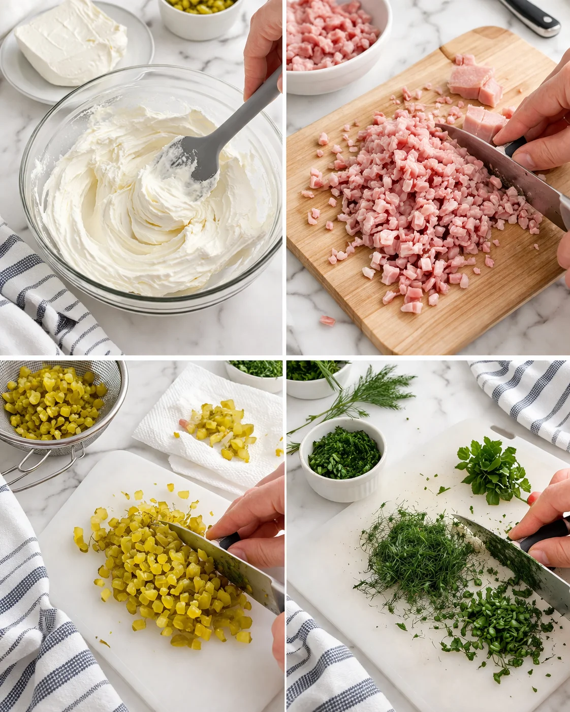 Collage of step-by-step prep: whipping cream cheese, dicing ham, chopping pickles, and mincing herbs on marble countertop.