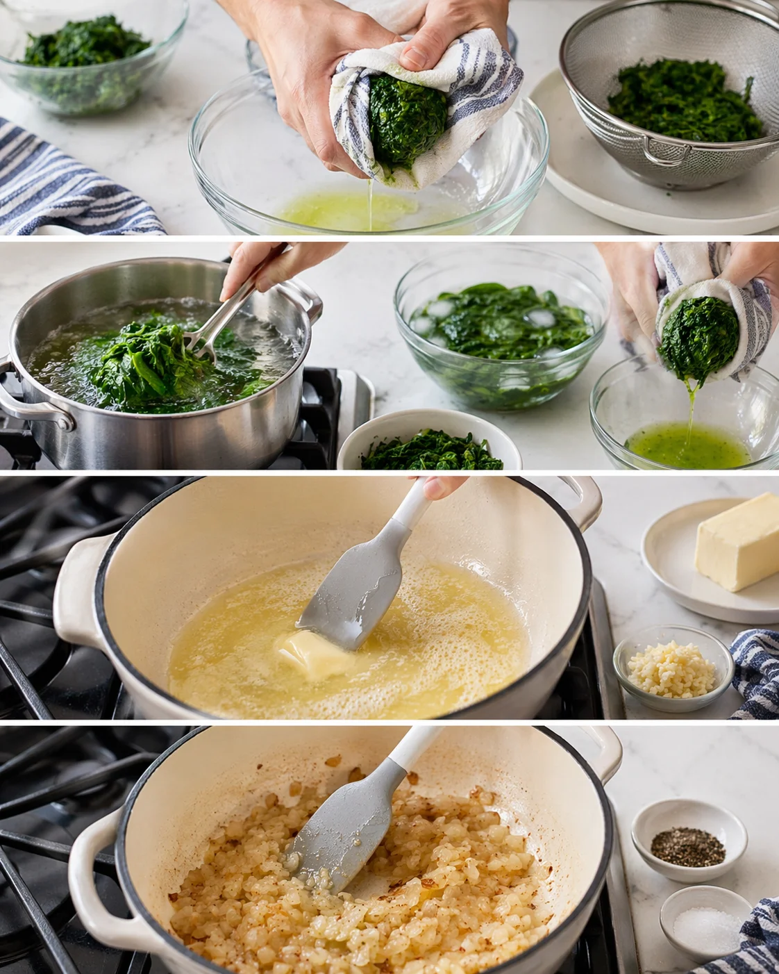 Collage of spinach being blanched, wrung dry, and added to a butter-garlic cream sauce with onions.