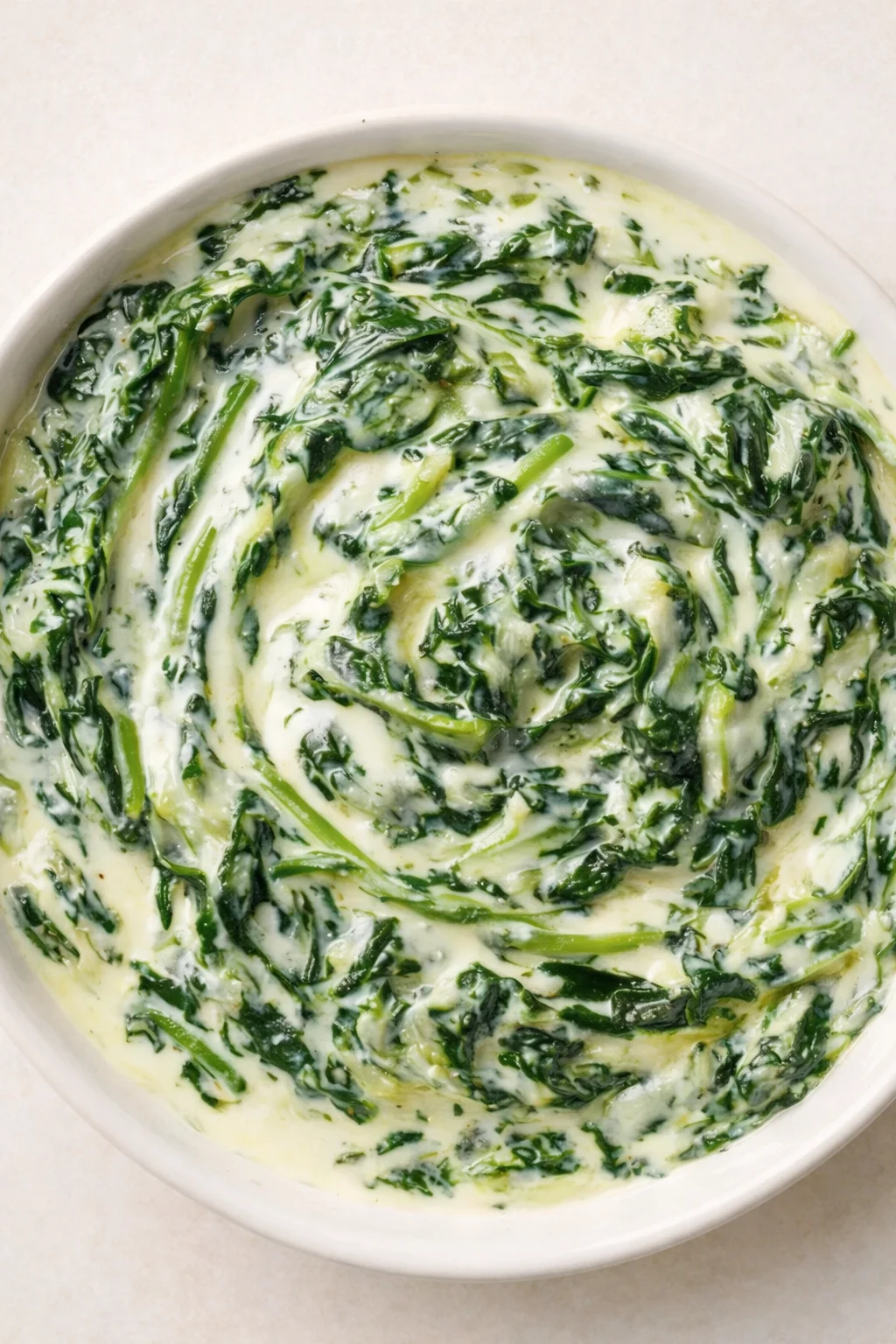 bowl of creamy spinach with cheese in a light bechamel-like sauce