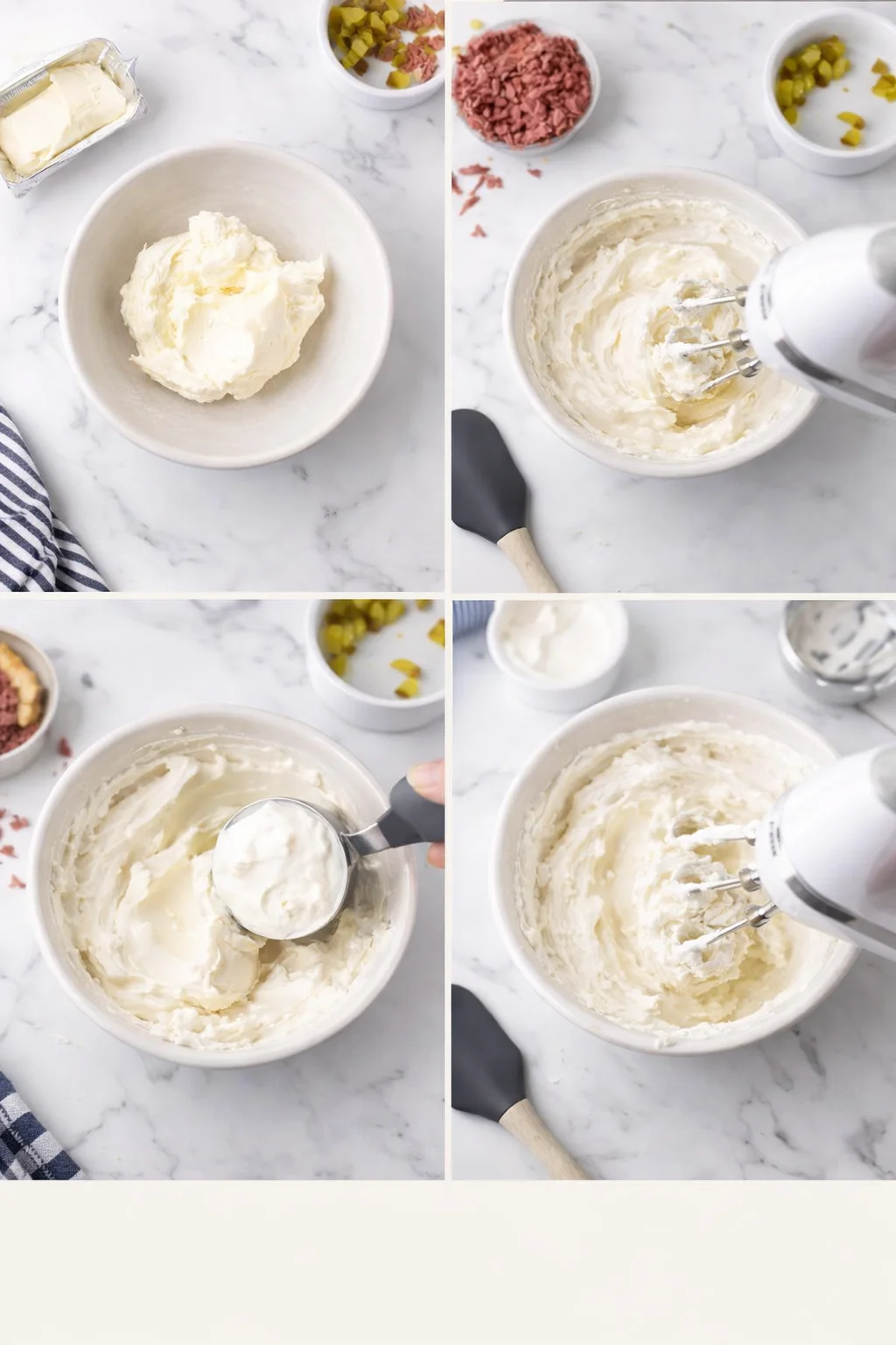 Four-panel collage showing butter and cream cheese being whipped into frosting on a marble counter, with a mixer and spatula ready for action.