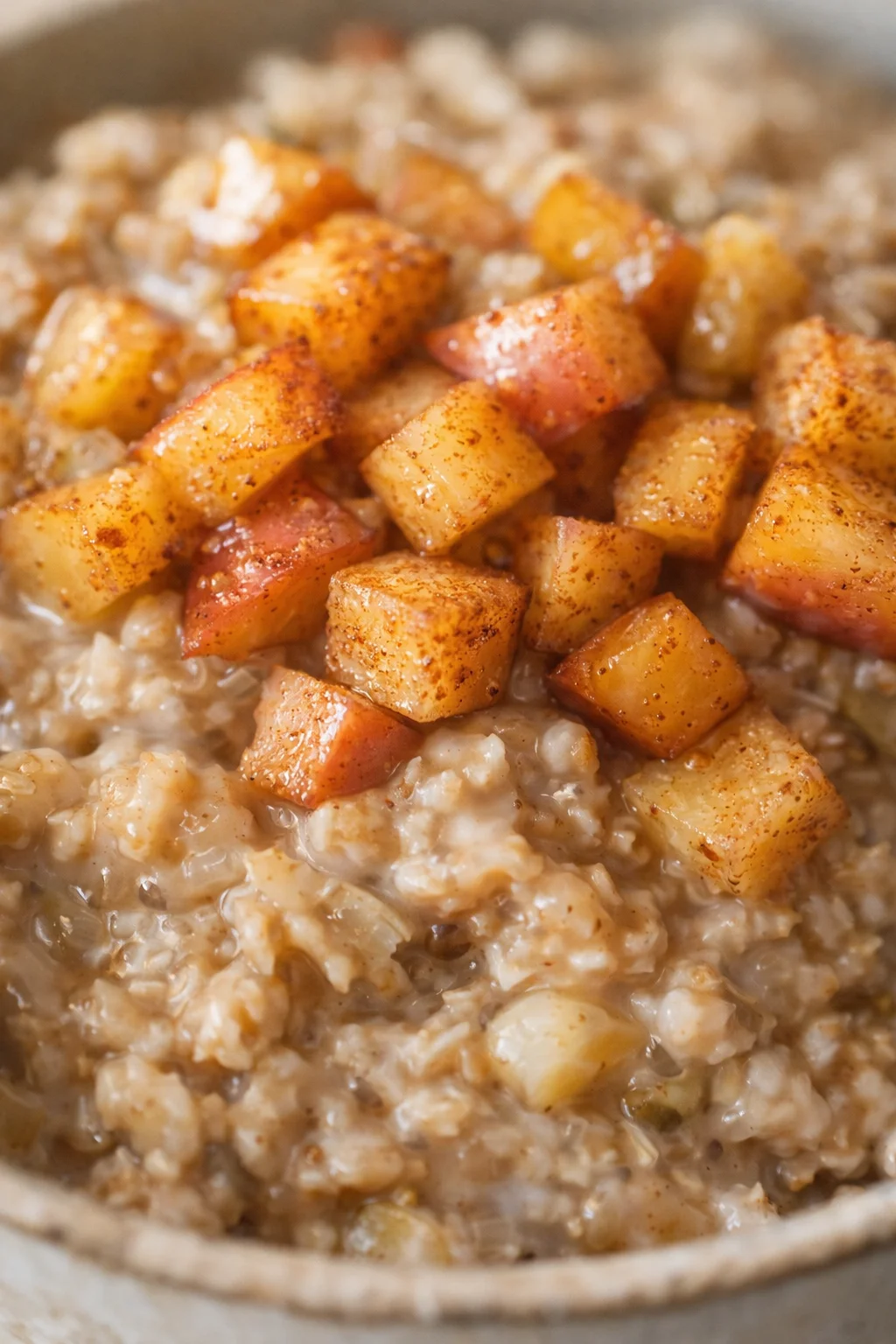 Close-up of creamy oatmeal crowned with cinnamon-roasted apples in a pot.