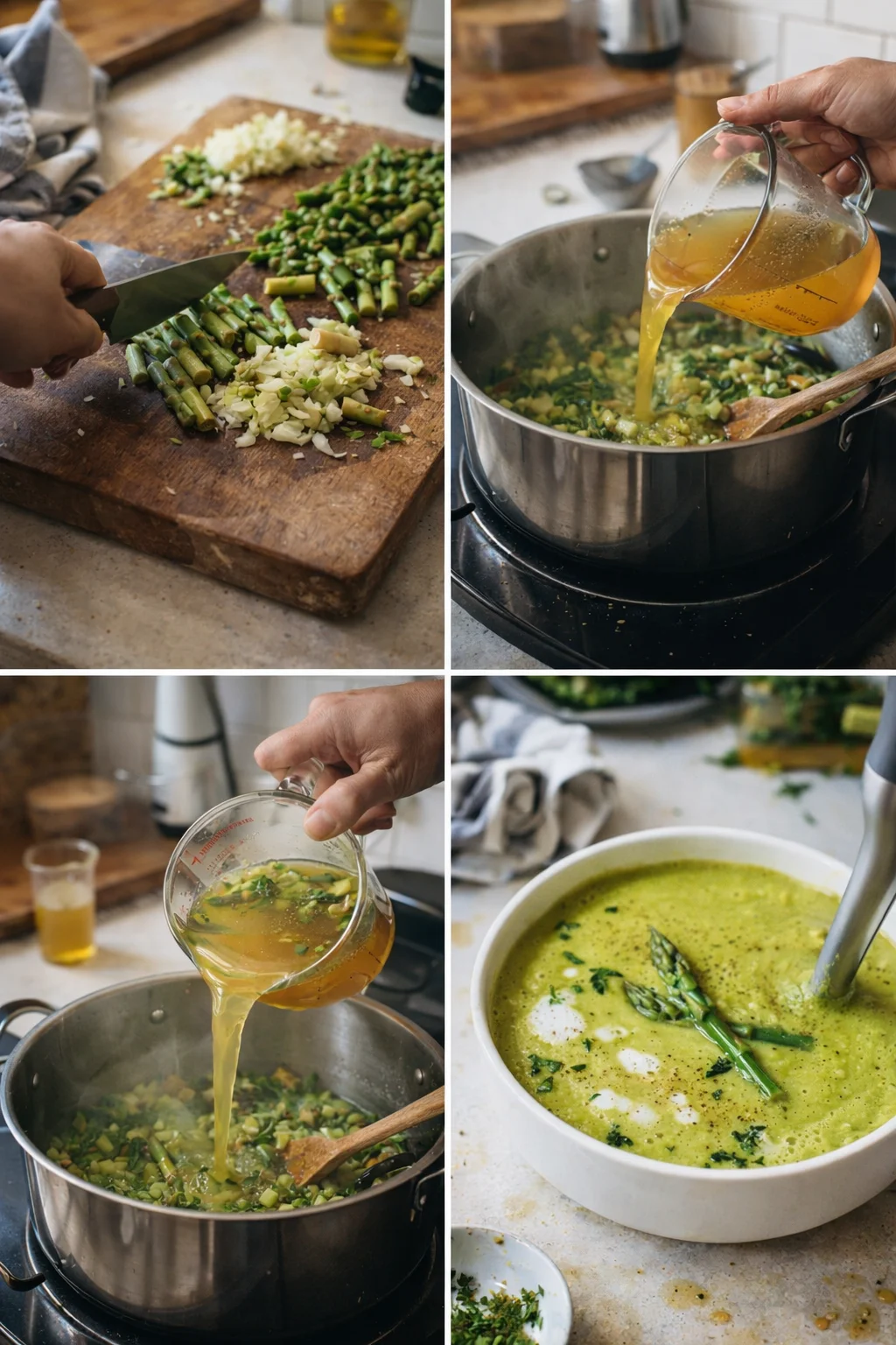 collage of chopping asparagus, pouring broth into a pot, and serving creamy green soup