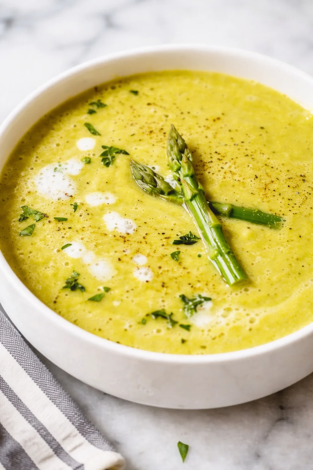 White bowl of creamy yellow-green asparagus soup with two asparagus spears and herbs