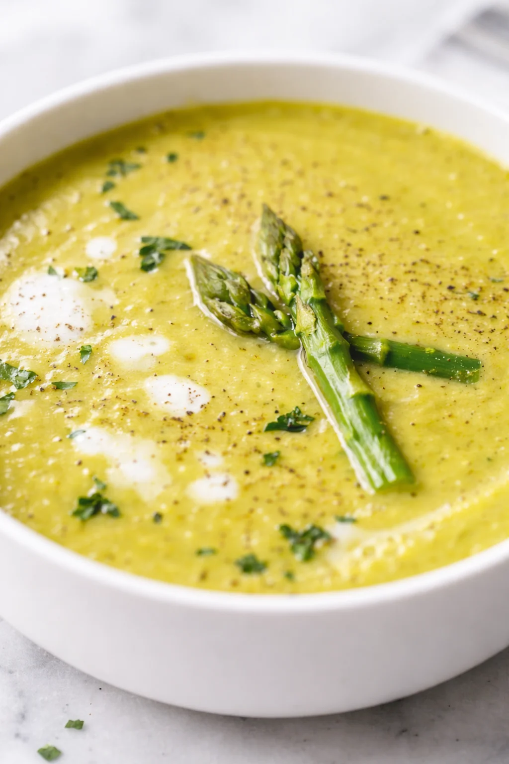 White bowl of velvety yellow-green asparagus soup, garnished with cream dollops and fresh asparagus spears.