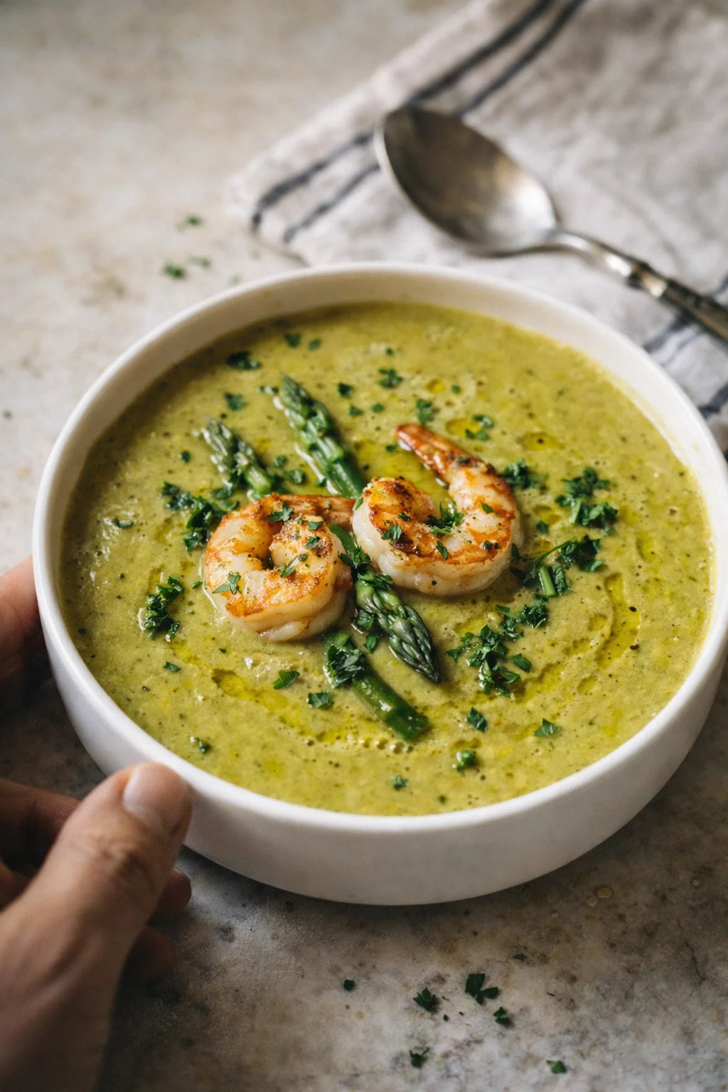 Creamy green asparagus soup in a white bowl topped with shrimp and herbs.