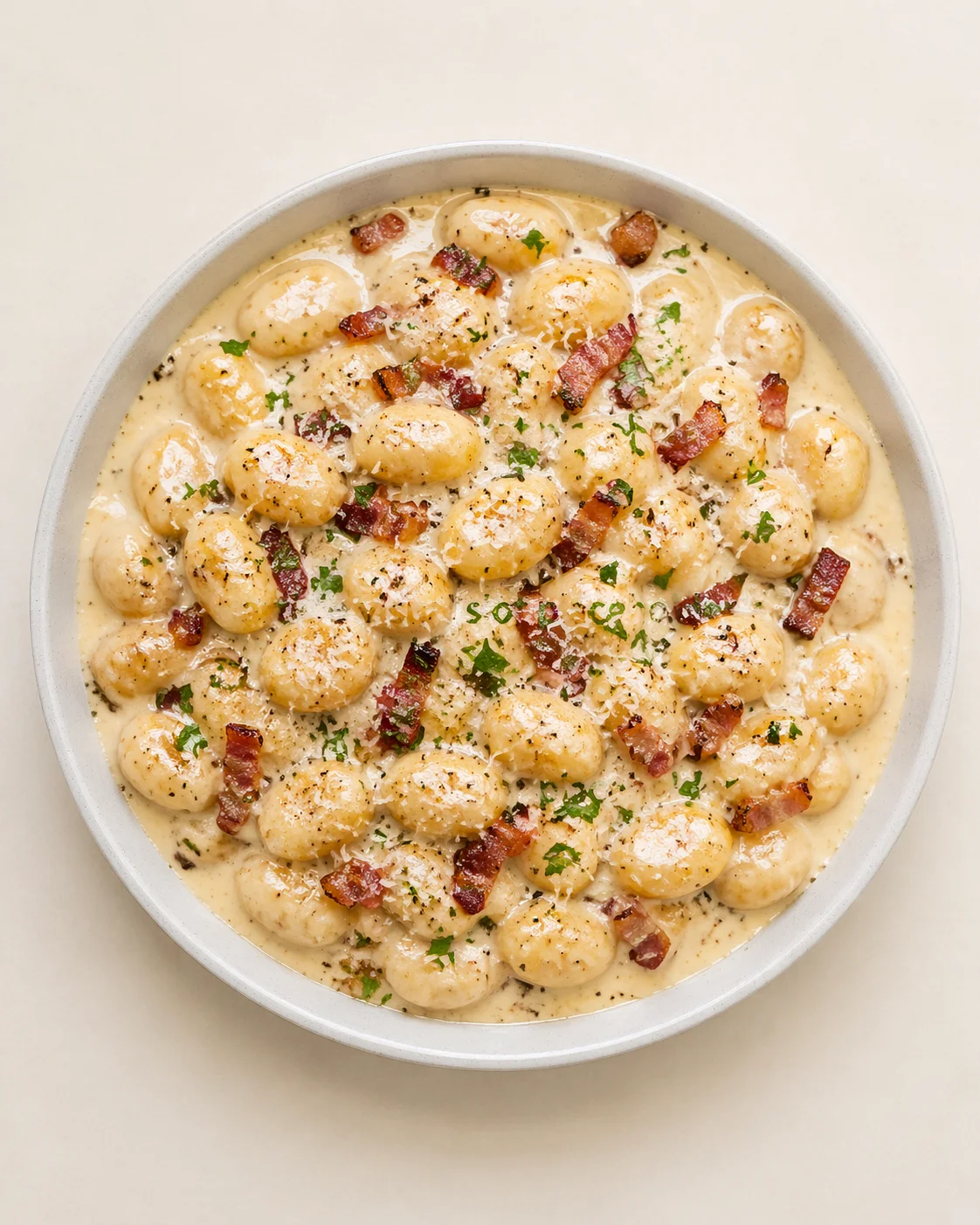 Creamy gnocchi in a rich sauce with crispy bacon and parsley