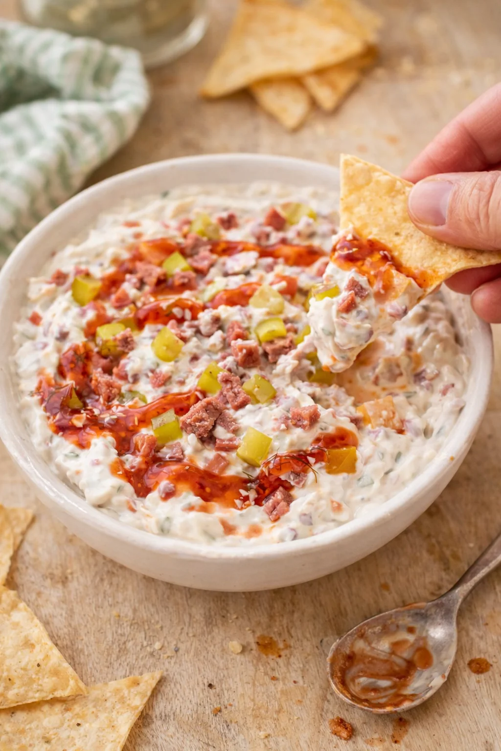 Creamy dip topped with bacon and pickles, being scooped with a tortilla chip.