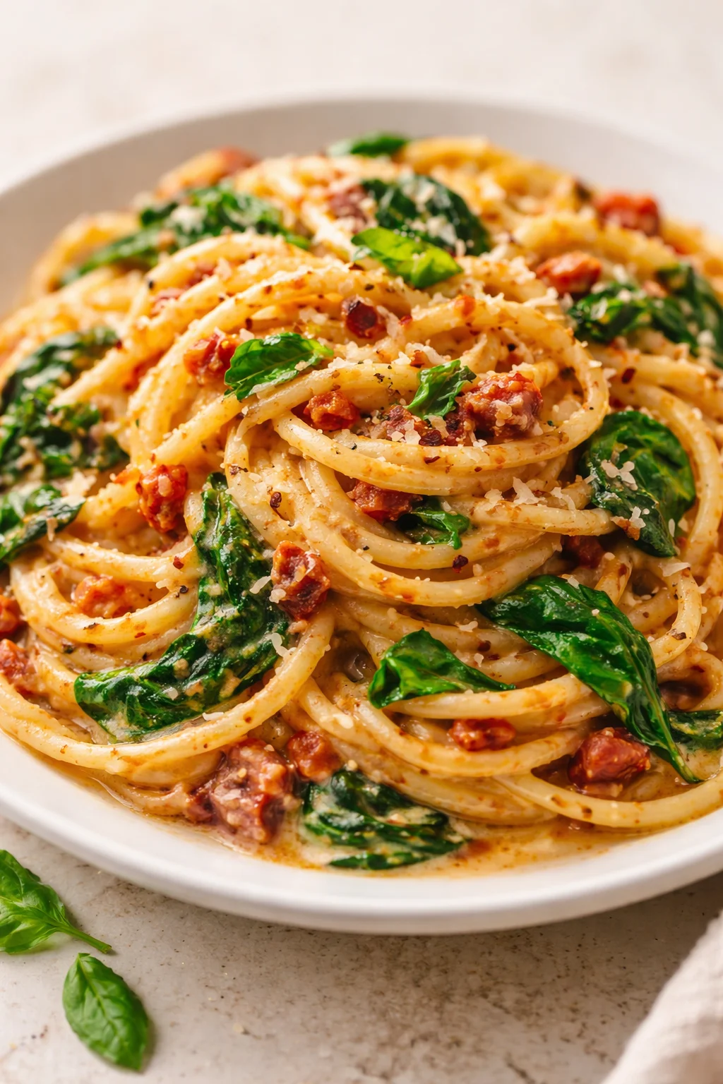 plate of creamy spaghetti with crispy bacon, wilted spinach, and grated cheese.