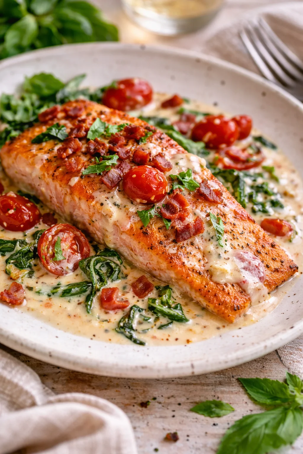 Seared salmon fillet with crispy bacon, cherry tomatoes, and creamy herb sauce on a speckled plate.