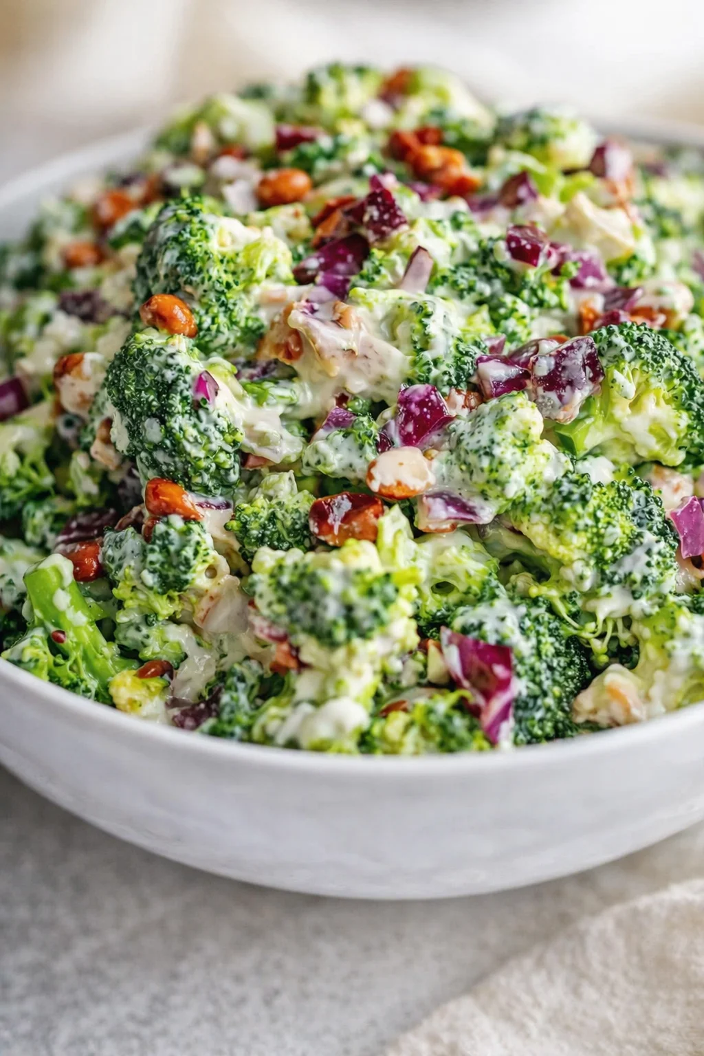 Bright broccoli salad in a white bowl with red onion, nuts, and creamy dressing