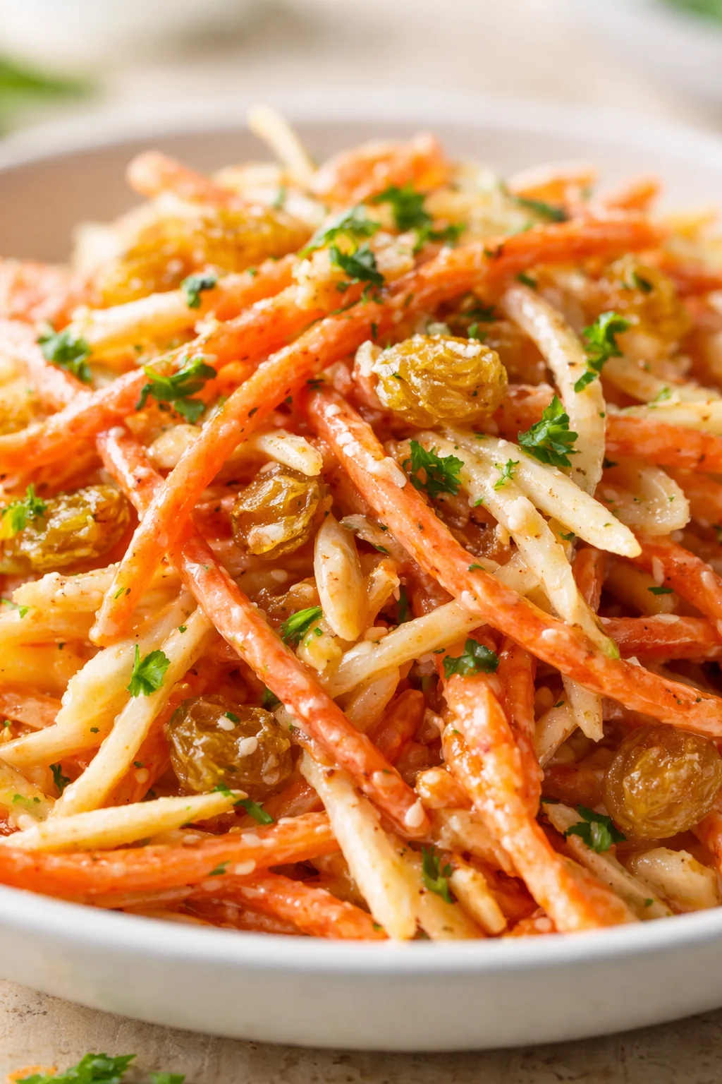 Plated creamy carrot pasta with white noodles, orange carrot ribbons, and parsley.