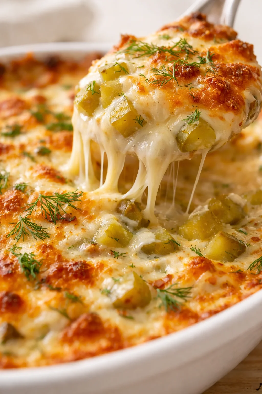 close-up of bubbling potato gratin with melted cheese and dill garnish in a white baking dish