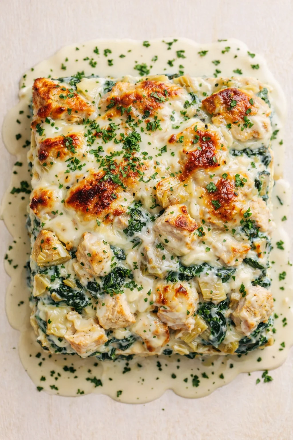 square casserole topped with melted cheese and parsley, containing chicken, artichokes and spinach in a creamy sauce