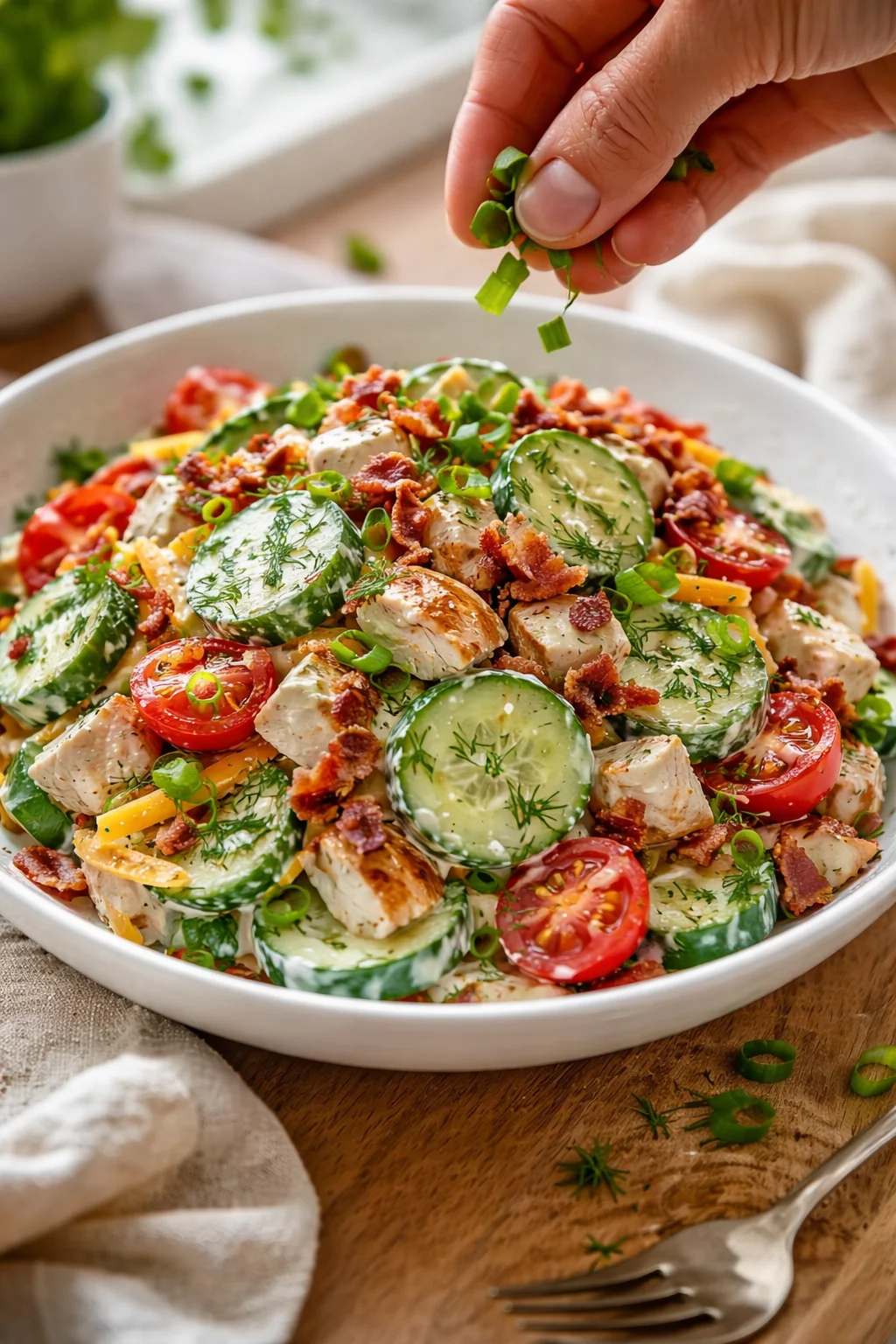 bowl of creamy chicken cucumber salad with cherry tomatoes, bacon bits, dill, and green onions