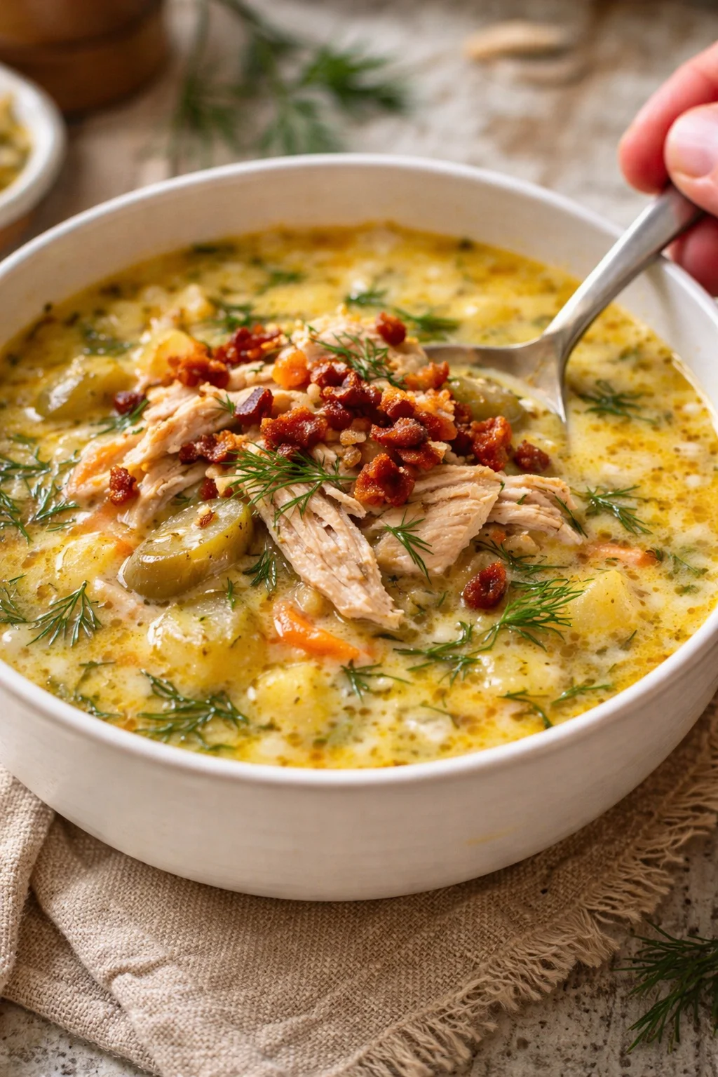 Creamy chicken soup with shredded chicken, potatoes, dill, olives, and crispy bacon in a white bowl.
