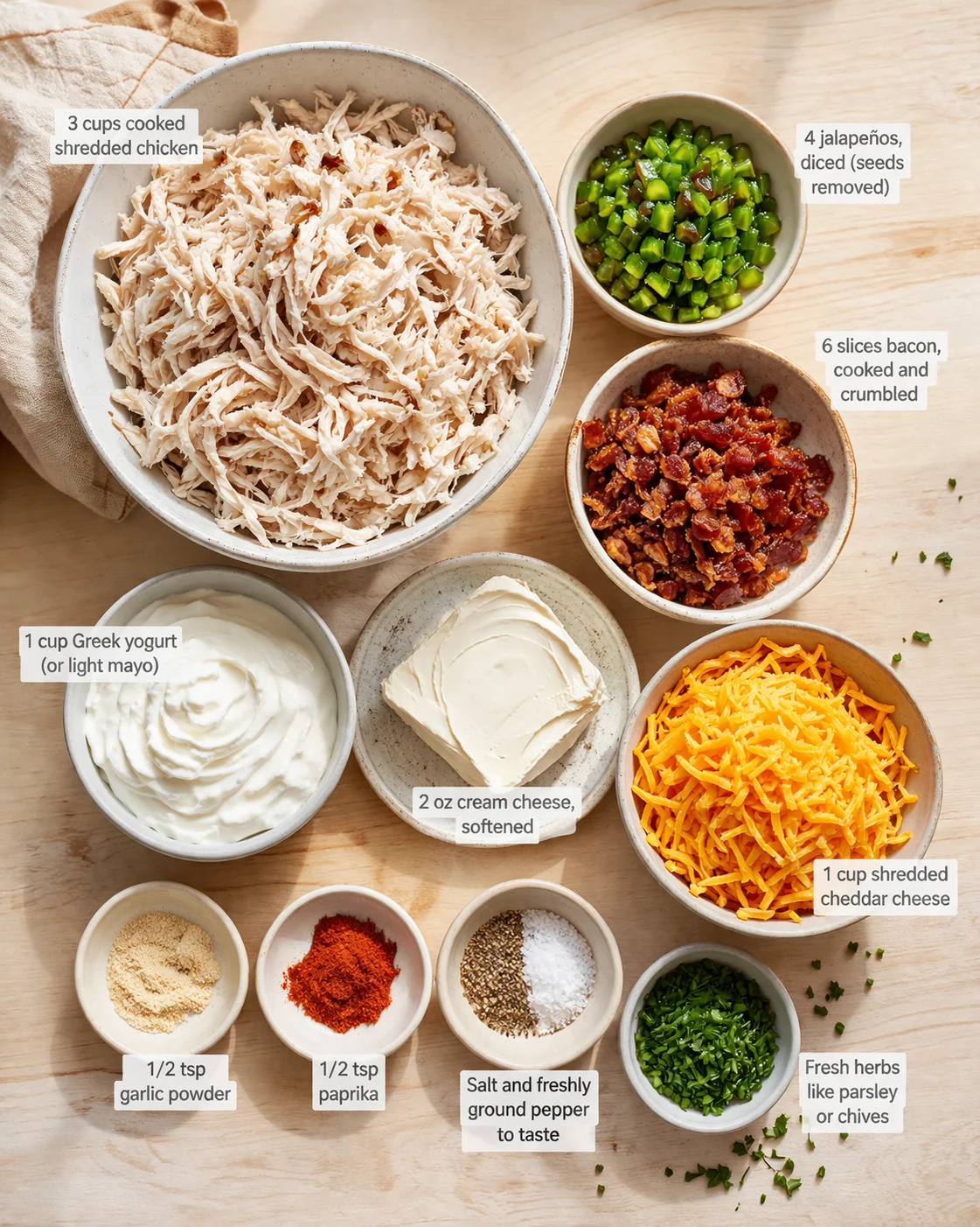 Overhead view of labeled ingredients for a creamy chicken dip, including chicken, jalapeños, bacon, yogurt, cream cheese, and cheeses.