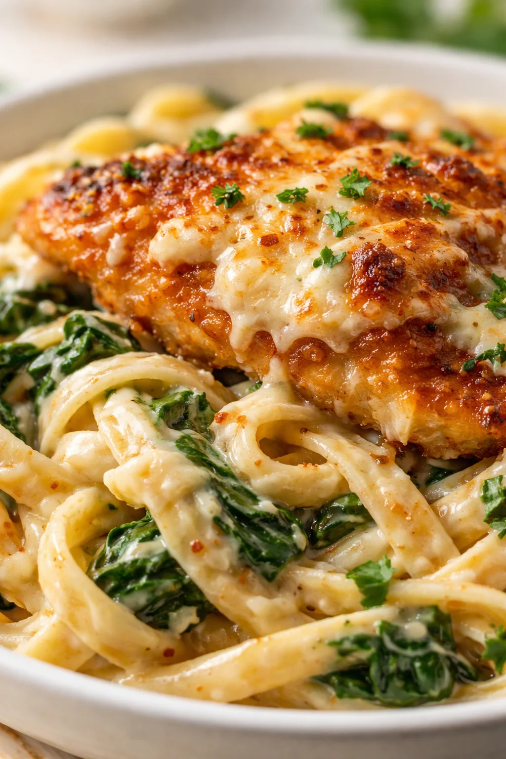 Creamy pasta with spinach and a crispy parmesan-crusted chicken centerpiece