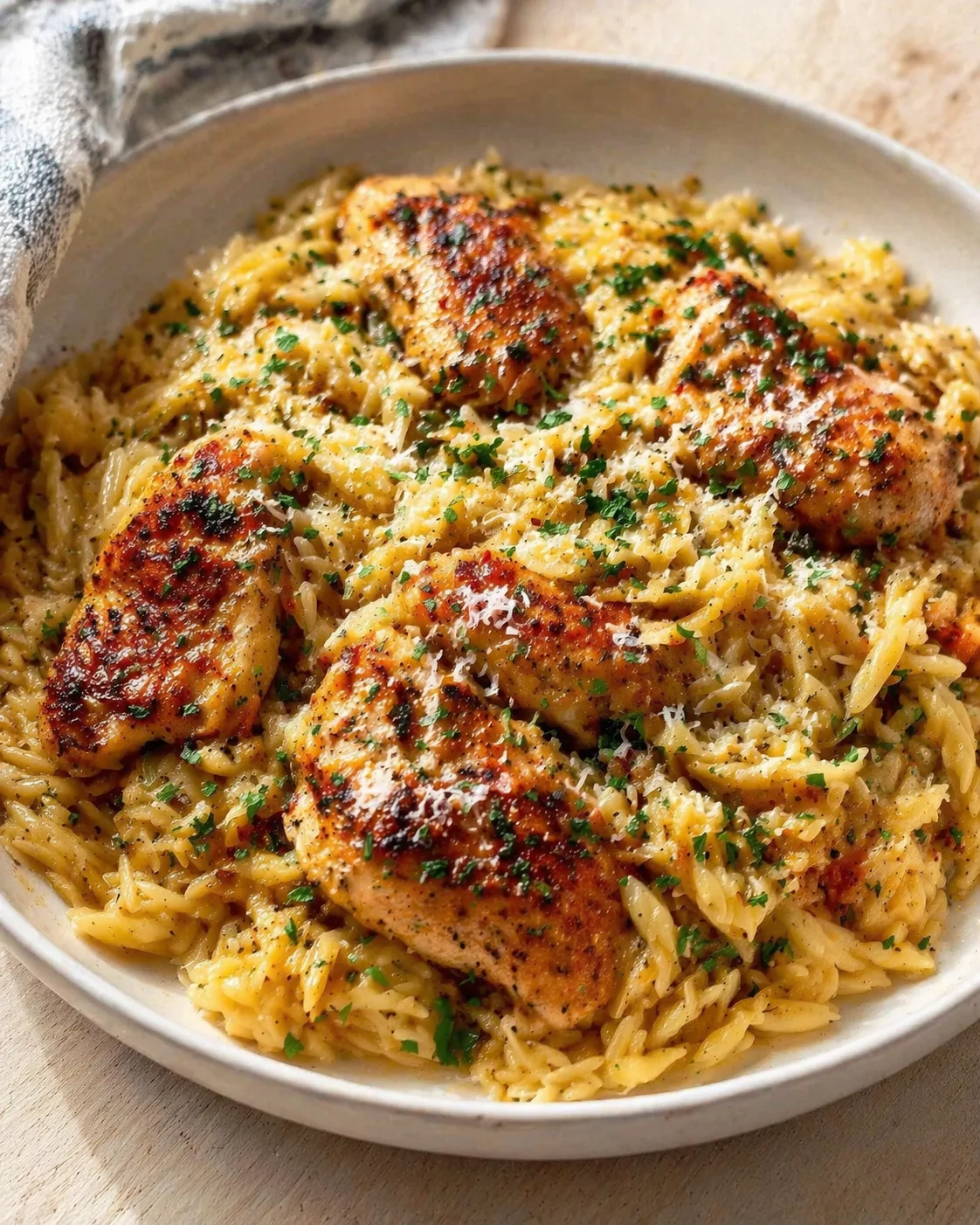 bowl of creamy pasta with pan-seared chicken and parsley, sprinkled with cheese