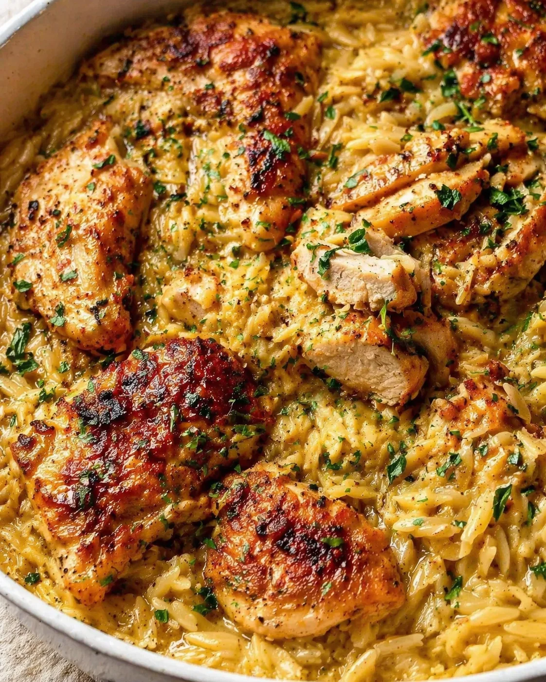 Golden-brown chicken pieces atop creamy pasta with parsley in a skillet